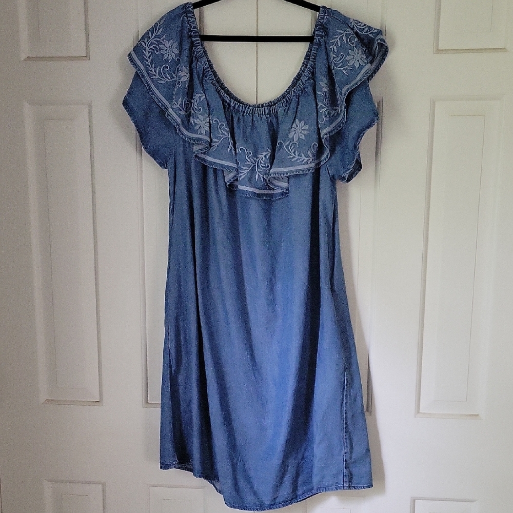 Chambray Denim Midi Dress Context By Lord And Taylor On/Off Shoulder Sz 1x
